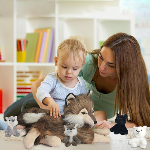Plush Wolf with 4 Cubs Toy Set, 16 Inch Mommy Wolf Stuffed Animal with 4 Wolf Babies in Zippered Pouch