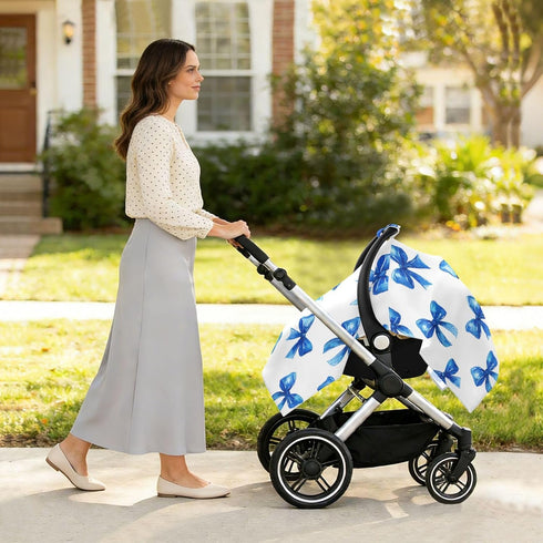 Mazeann Blue Ribbon Bow Car Seat Cover Baby Breathable Soft Infant Carseat Covers Canopies Babies Carrier Covers