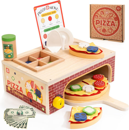 Wooden Pizza Toy - Montessori Pretend Play Food for Ages 3+, Educational