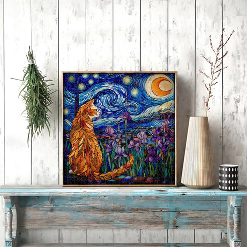 PICKFORU Cat Puzzles for Adults 1000 Pieces, Stained Glass Purple Iris Flowers and Moonlit Cat