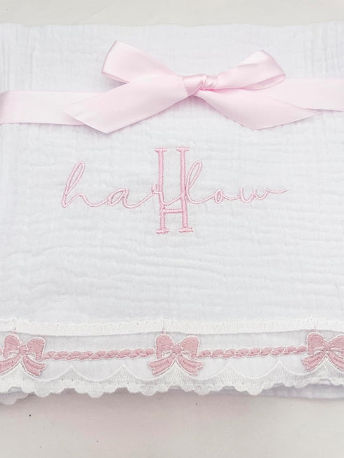 Set 2 Cotton & Lace Baby Girl Burp Cloth of ( Heirloom Collection ) Pink Bows + Option to Personalize with Name