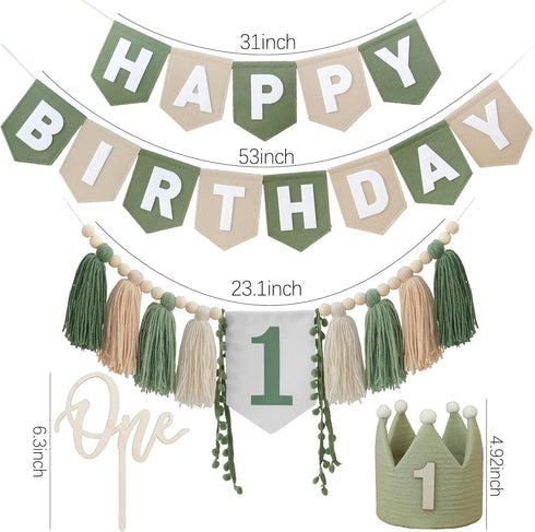 1st DCJHFJ Wild One High Chair Banner Felt Green Happy Birthday Banner Pre-Strung Birthday Party Decorations