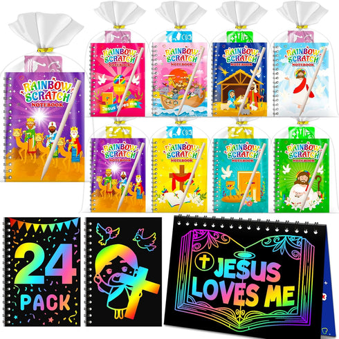 Rainbow Scratch Paper Party Favors: 24 Pack Christian Rainbow Scratch Notebook, Goodie