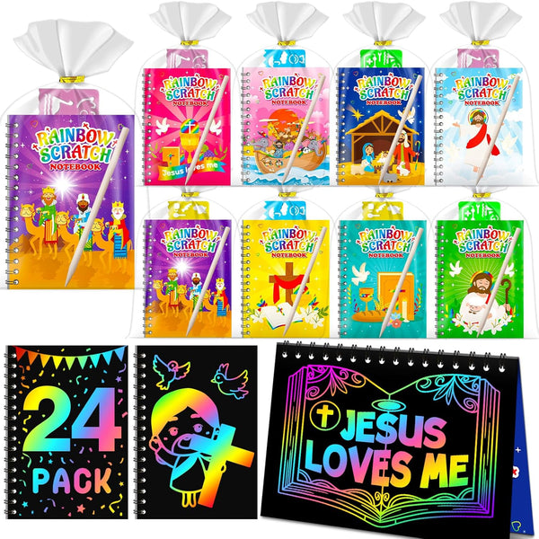 Rainbow Scratch Paper Party Favors: 24 Pack Christian Rainbow Scratch Notebook, Goodie