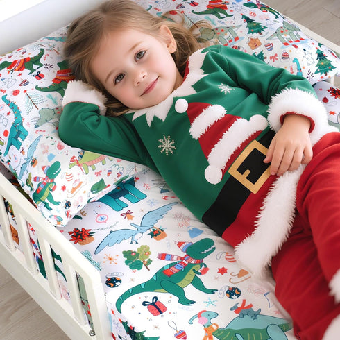 Set 2 Set JISEN Christmas Toddler Bedding Piece Dinosaur Toddler Sheet for Boys Girls Include Fitted Sheet