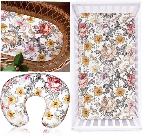 Boho Bassinet Sheet,Crib Sheet Jersey Cotton,Floral Nursing Pillow Cover, Breastfeeding Pillow Slipcover