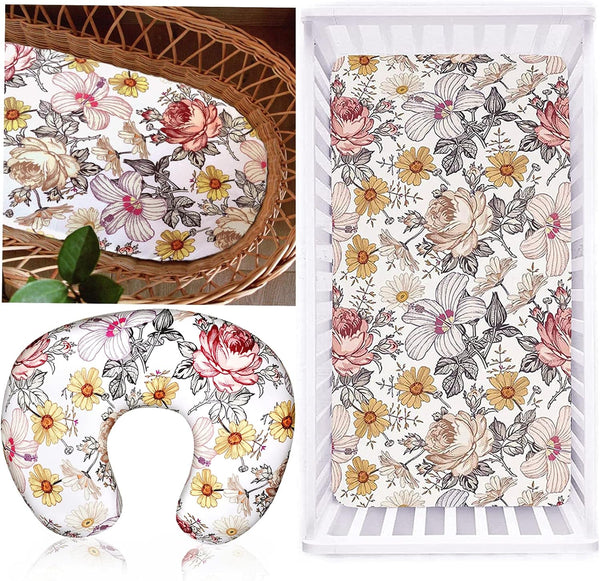 Boho Bassinet Sheet,Crib Sheet Jersey Cotton,Floral Nursing Pillow Cover, Breastfeeding Pillow Slipcover
