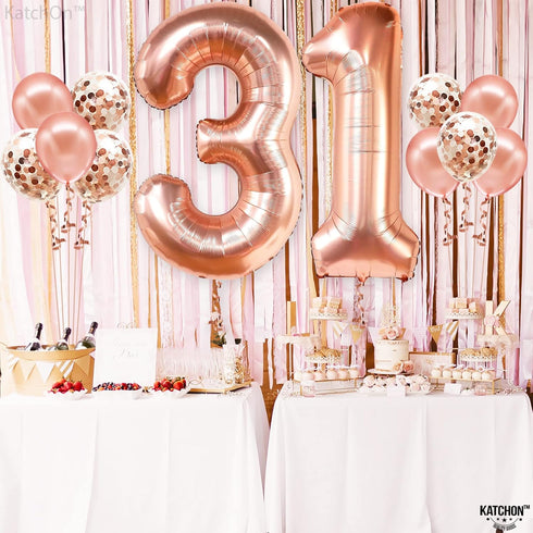 KatchOn Rose Gold 31 Balloons Pack of 12, 40 Inch Birthday Decorations for Women with Confetti Balloons