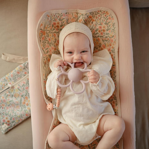 Mushie Soft Lilac Silicone Baby Daisy Rattle & Teether Toy