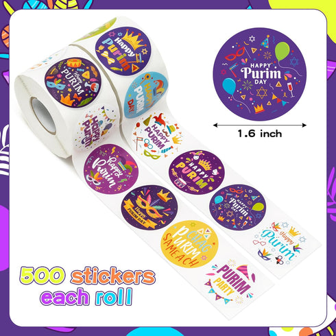 CNhoqc 1000 Happy Purim Stickers Roll - Pcs Round Happy Purim Waterproof Vinyl Reusable Laptop Sticker Coloring Book