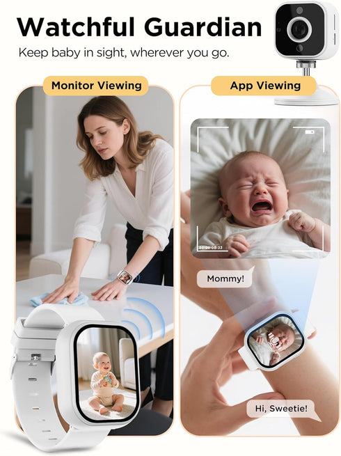 NUOTUN 2'' 1080P 2-Way Baby Monitor with Camera and Audio Watch, Wearable Portable HD Baby Monitor No WiFi, Video Loop