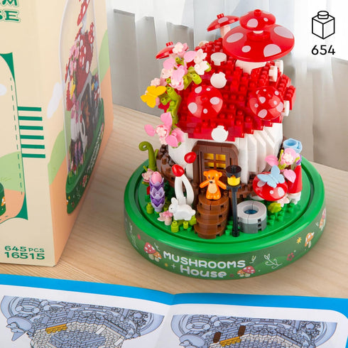 Set, 645PCS 14+ Vziimo Mushroom House Building Creative Mushroom Flower House Model Kits with Dust Cover, Micro Bricks