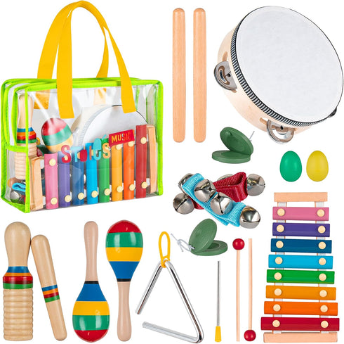 Stoie's Kids Musical Instruments Set Wooden Percussion Instruments for Toddlers, Xylophone, Tambourine,
