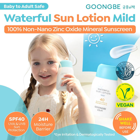 40 2.82 fl.oz. GOONGBE Waterful Sun Lotion Mild SPF - Zinc Oxide Water Resistant Mineral Sunscreen for Babies, Kids