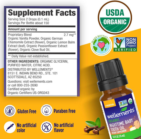 4 (0.5 Oz) Wellements Organic Nighttime Baby Tooth Oil for Months+ Fl - Baby Teething Relief Oil* for Soothing