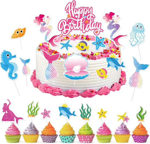 DPKOW 23pcs Iridescent Mermaid Birthday Cake Toppers, Ocean-Themed Cupcake Toppers for Kids Birthdays & Baby Showers