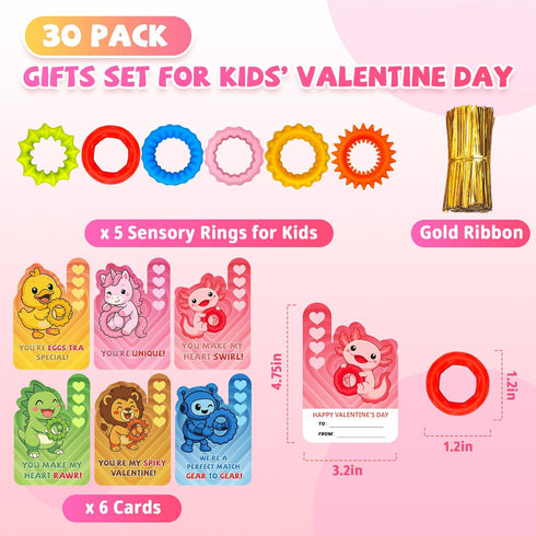 Gocozer 30Pack Valentines Day Gifts Cards for Kids School with Fidget Toys Sensory Rings, Fidget Ring Sensory