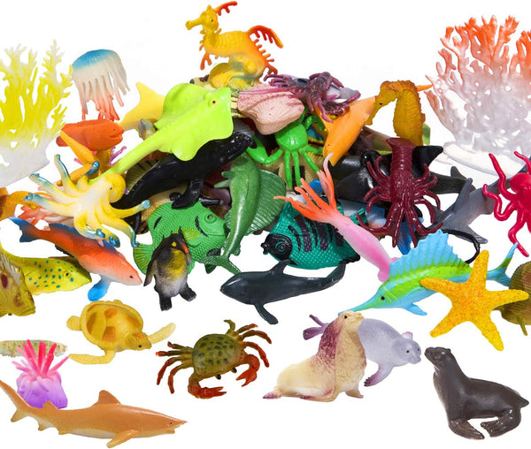 Ocean Sea Animals Figures Set, 60 Pack Mini Plastic Deep Underwater Life Creatures, STEM Educational Bath Toys