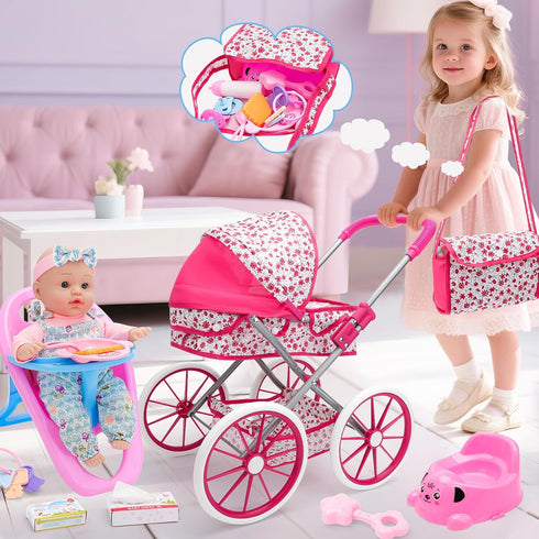 Set Playset 12" Stroller,2 Sets 3-7 deAO Baby Doll Stroller Baby Doll Accessories Pretend Play Toys with Baby