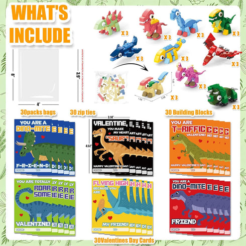Qumic 30 PACK 312, 120 Valentines Day Cards for Kids School - Dinosaur Building Block Valentines with Dinosaur