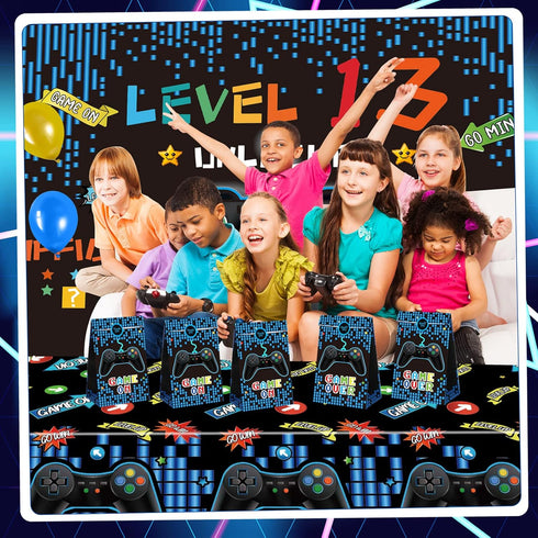13th Birthday Decorations for Boys - 69 Pieces Video Game Party Supplies, Blue Gamer Balloons, Backdrop