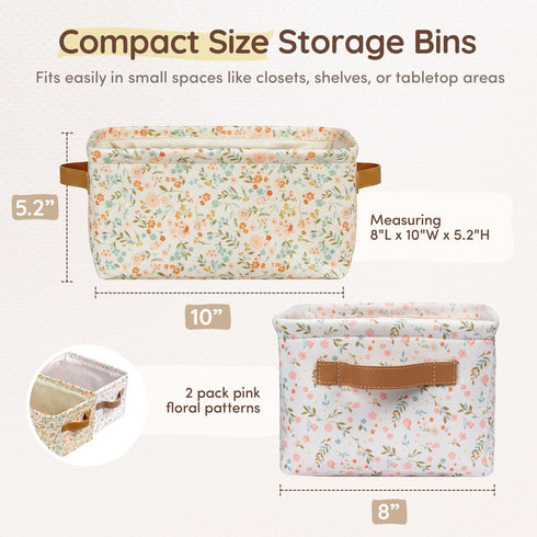 8"x5.2"x10" 2 Pack, Fabric Storage Bins Cute for Nursery - Collapsible Pink & Flower Kids Baskets with Handles Hamper