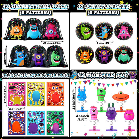 Abbylike 102 Pcs Monster Party Favors, Make Your Own Stickers, Spring Launchers, Drawstring Backpack, Notebooks & More