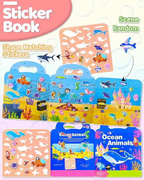 Benresive Puffy Reusable Sticker Books for Toddlers 2-4 Year, Fun Ocean Sticker Book with 32 Pcs Toddler Travel Toys