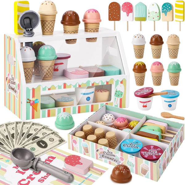 Peccvon Wooden Ice Cream Toys for Kids Pretend Play Kitchen Food Toys with