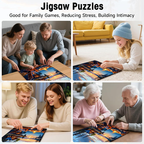 1000 Sunset 20x28 Lake Cabin Puzzles for Adults Pieces, Forest Landscape Jigsaw with Bonfire Lodge, Camping Scene
