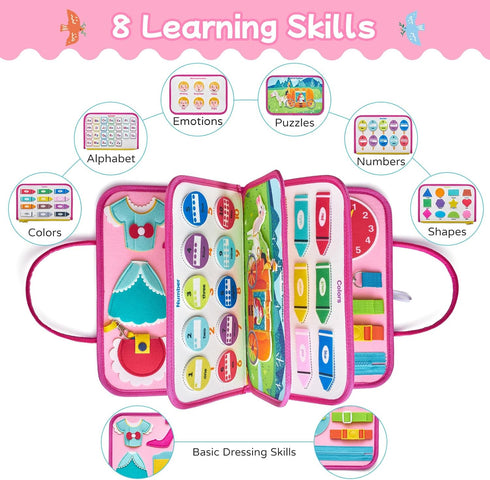 1-4, Freebear Deluxe Pink Princess Quiet Book Sensory Board for Toddlers Montessori Educational Toys for Girls, Travel