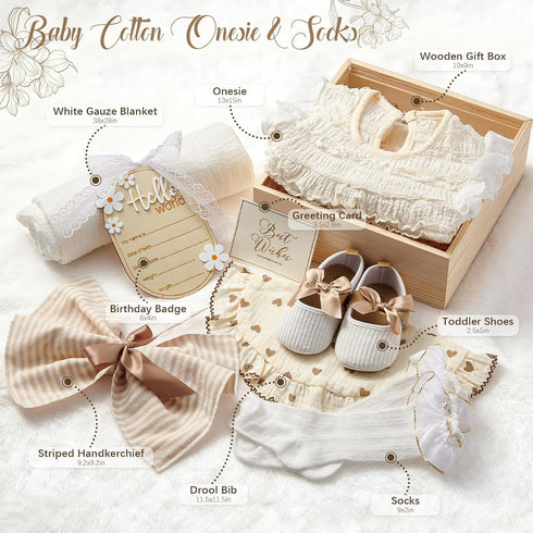 Set Golray Wooden Baby Gift Basket Newborn Girls Baby Shower Gifts Cloth with Bodysuit/Soft