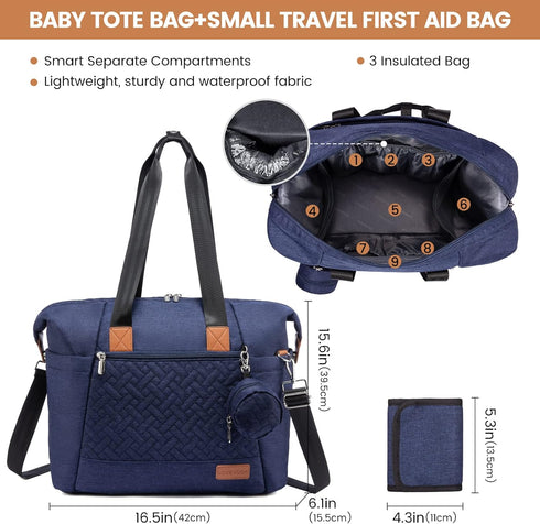 Large Waterproof Diaper Bag Tote with Changing Pad