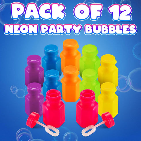 Mini Neon Party Bubbles for Kids - Pack of 12 Bulk Wands and Bottles for Blowing Bubbles, Birthday Party Favors