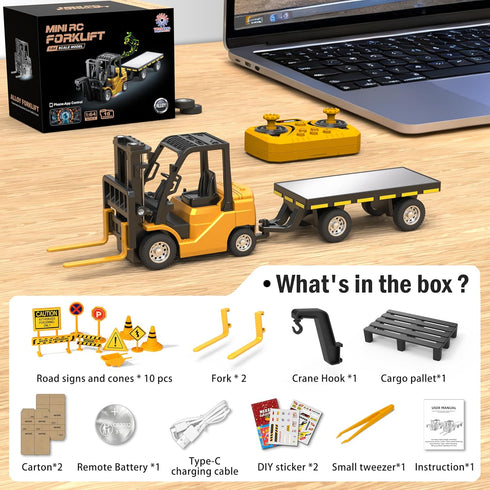 1/64 3 1 10CH RC Forklift Toy, in Mini Forklift Remote Control & App Remote Control Forklift with Trailer & Fork