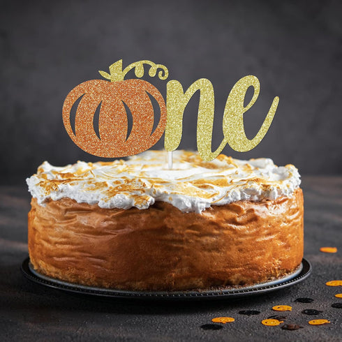 Glitter Pumpkin One Cake Topper - Little Pumpkin 1st Birthday Decorations for Fall