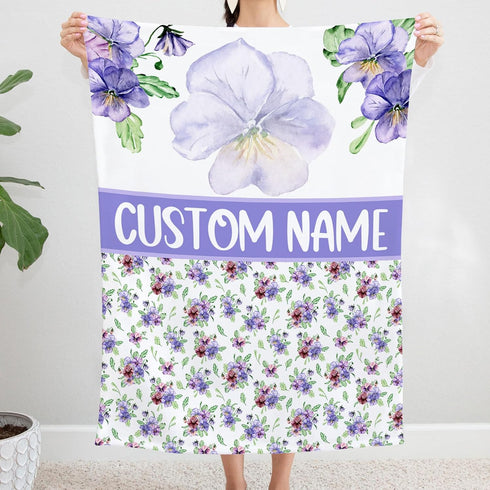Personalized Violet Flower Baby Blanket, Custom Flower Baby Nursery Blanket, Violet Flower Receiving Bedding Blanket