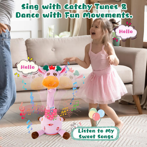 10 MIAODAM Dancing Giraffe Singing Children's Song, Stuffed Baby Toy Repeats What You Say, Christmas Colorful Glowing