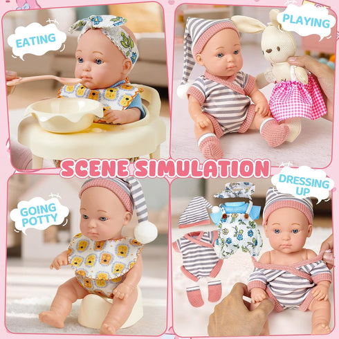 Cleboen Set 9'' 2 Sets 3 4 5 6 Baby Doll Accessories for Girls, Baby Doll with Clothes Doll Walker Chair Feeding Bottle