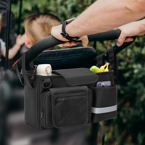 Parent Console Stroller Organizer Compatible with WONDERFOLD W&X, Black, with 2 Insulated Cup Holders and Removable