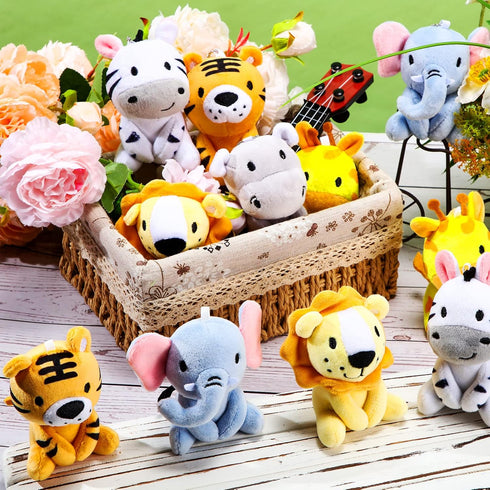 12 4" Pcs Mini Safari Stuffed Animals Bulk Jungle Plush Toys Giraffe Tiger Elephant Zebra Lion Forest Animals Keychains