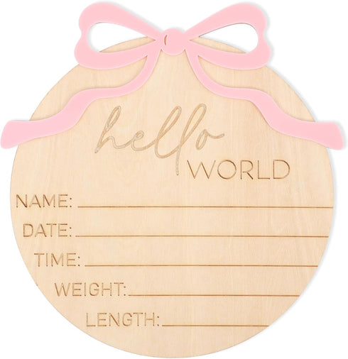 WAUAO Hello World Bow Wooden Baby Announcement Sign - Baby Girl Birth Announcement,Personalized