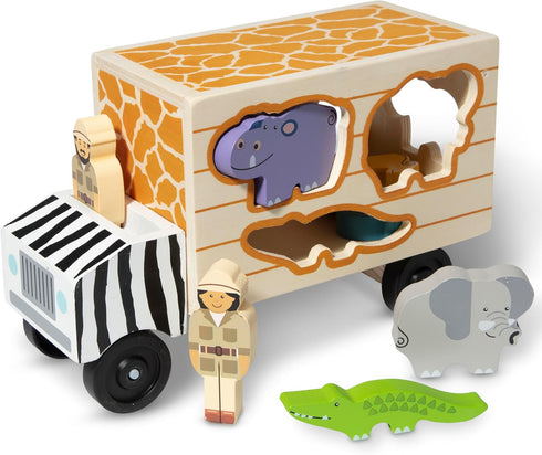 Melissa & Doug Animal Rescue Shape-Sorting Truck - Wooden Vehicle Toy with 7 Animals and 2 Play Figures for Toddlers