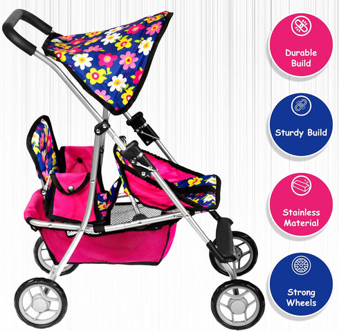 Set fash n kolor Twin Baby Doll Stroller - Pretend Play Baby Stroller for Dolls - Toy Stroller with Storage Basket