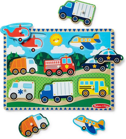 Melissa & Doug Wooden Peg Puzzle, Vehicles (8 pcs)