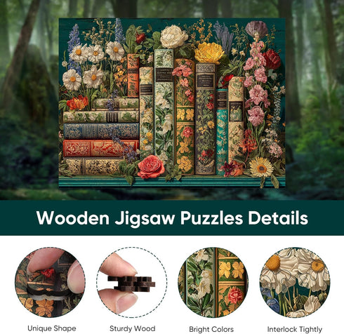 200 11.8 8.9 BODHIPNJOY Wooden Puzzles for Adults, Mother's Day Puzzles, Books Jigsaw Puzzles, Wildflowers Book Vintage