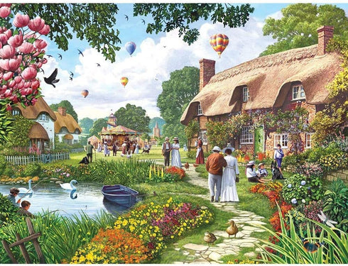 Bits and Pieces 4-in-1 Multi-Pack, 1000 Piece Jigsaw Puzzles for Adults, Village Life by Artist Steve Crisp