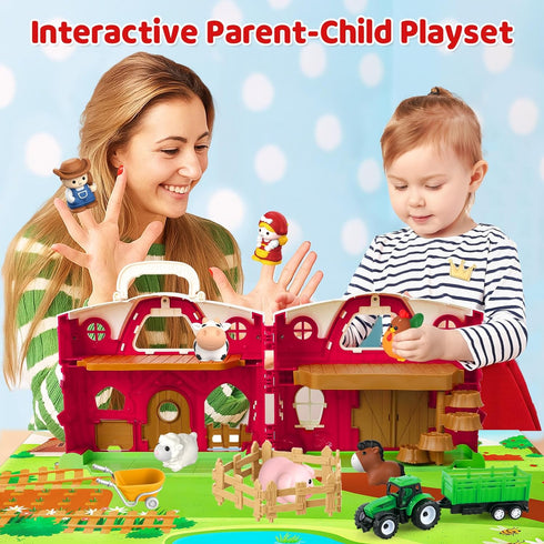 1 2 3 Set 1-3, Farm Animal Toys for Year Old Toddlers, Big Red Barn with Farm Mat & Animals & Tractor Toy for Boys