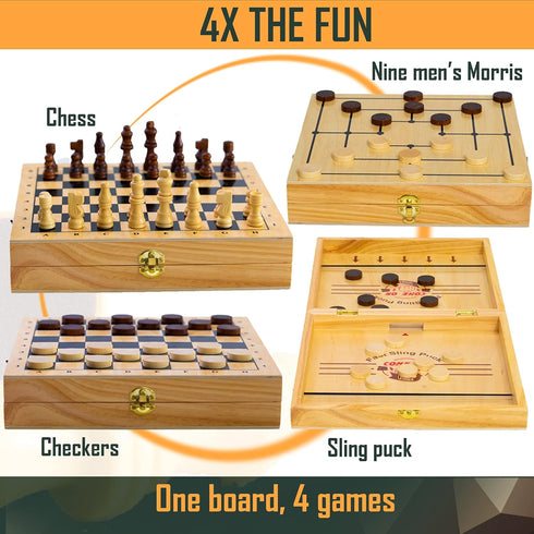 4 in 1 Board Game Set - Extra Large Sling Puck Game, Wooden Chess Board Sets, Checkers for Adults and Kids