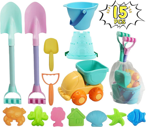 IOKUKI Long Shovels Sand Toys Set with Mesh Bag Including Dump Truck,